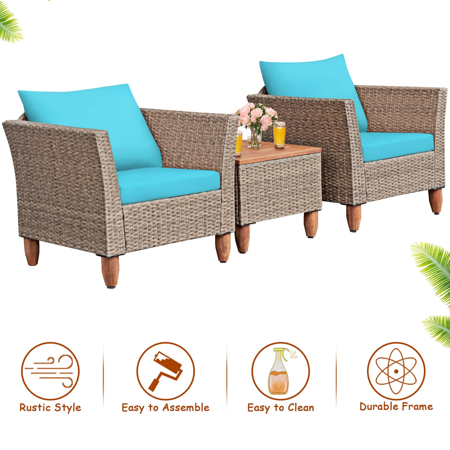 Patiojoy 3 Piece Outdoor Rattan Sofa Set Wicker Conversation Furniture Set with Black/Red/Turquoise/Navy Cushions