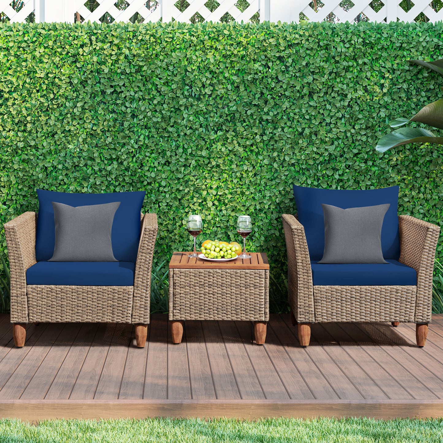 Patiojoy 3 Piece Outdoor Rattan Sofa Set Wicker Conversation Furniture Set with Black/Red/Turquoise/Navy Cushions