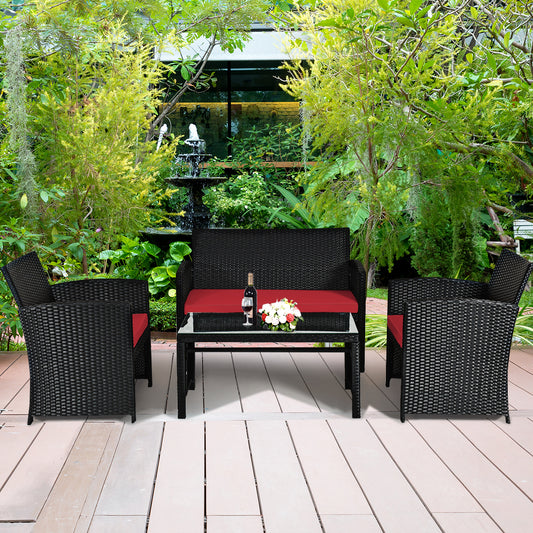 Patiojoy 4 Piece Outdoor Patio Rattan Furniture Set Red Cushioned Seat For Garden, porch, Lawn