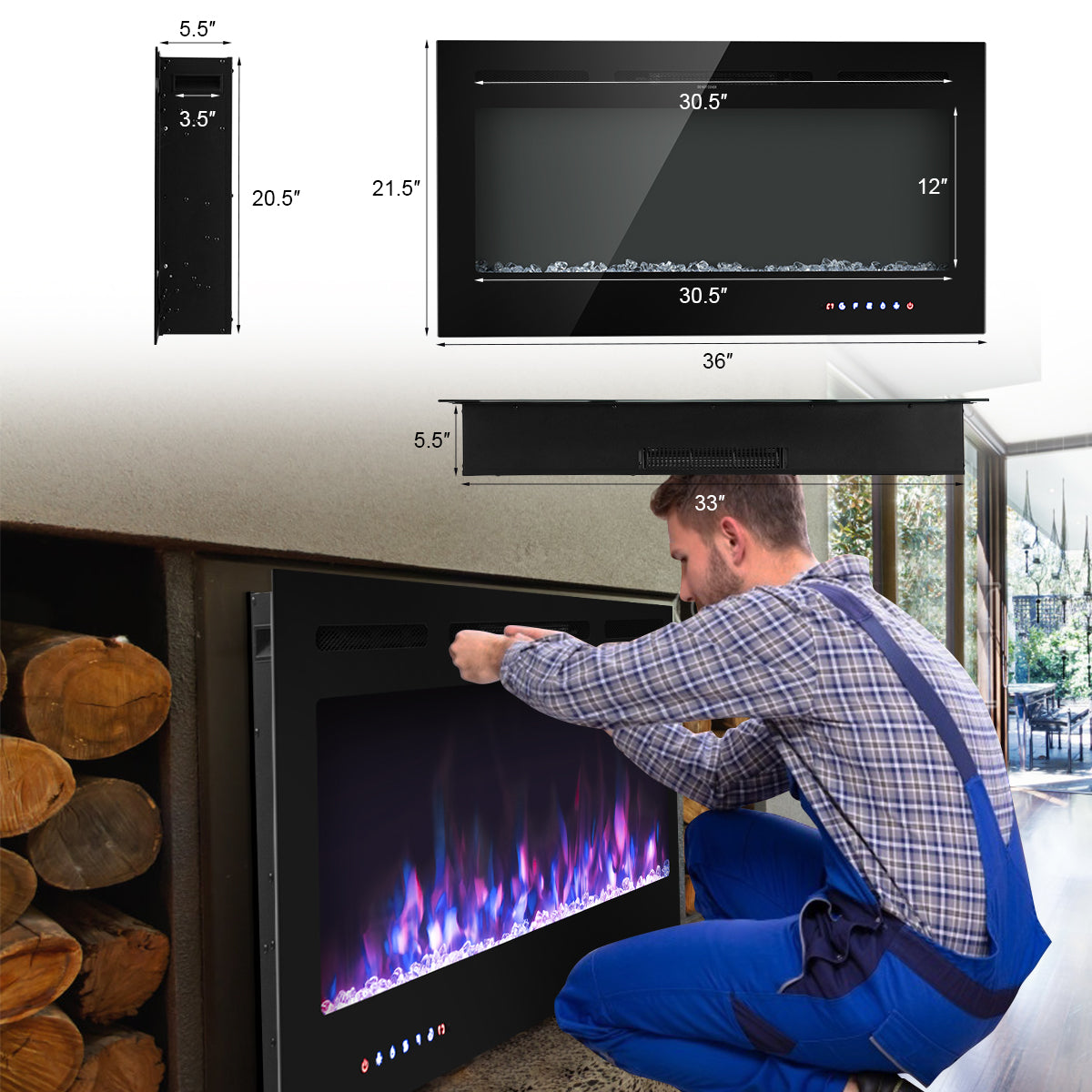 Topbuy 36''/40''/50'' Recessed Electric Fireplace Wall Mounted Heater w/Remote Control 750W/1500W mode Adjustable Flame