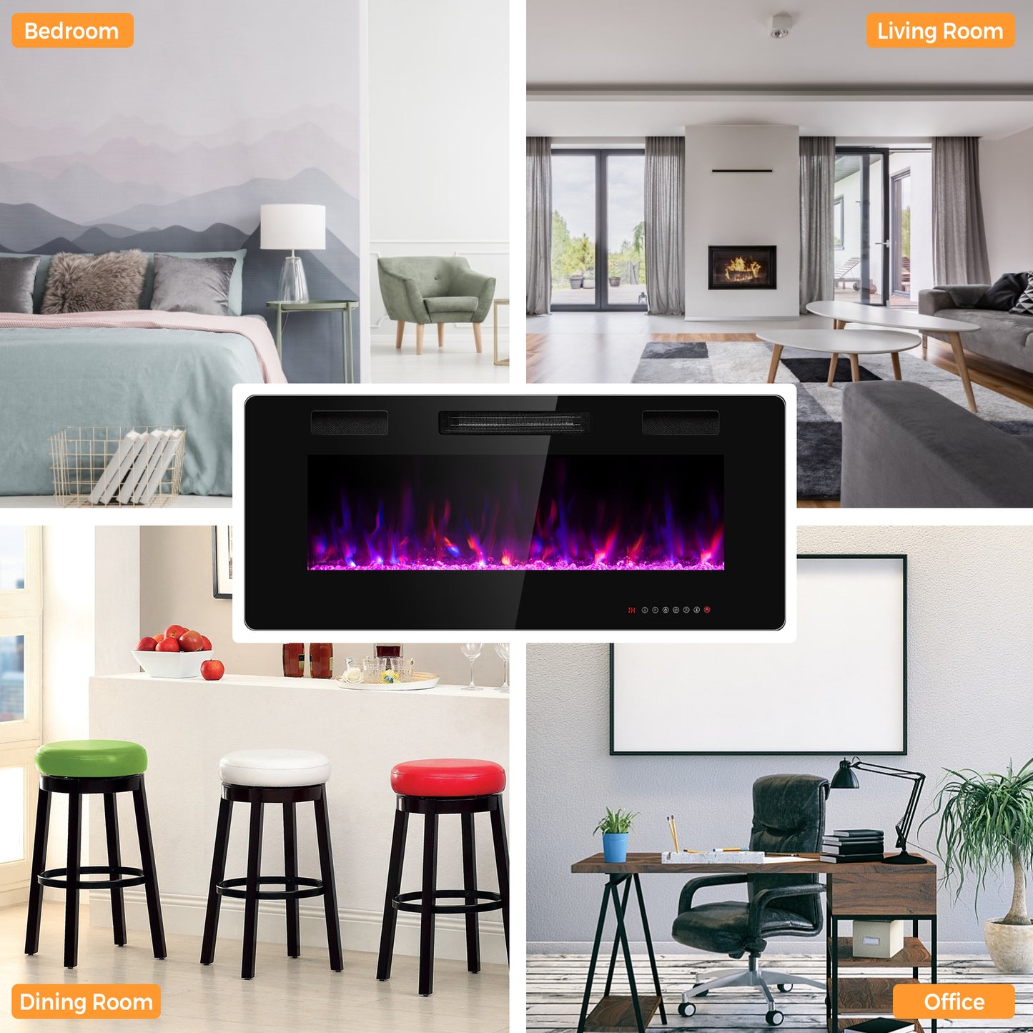 Topbuy 30''/36''/42''/50''/60'' Recessed Electric Fireplace 750W/1500W heater in Wall Remote Control w/Timer Available Flame Color