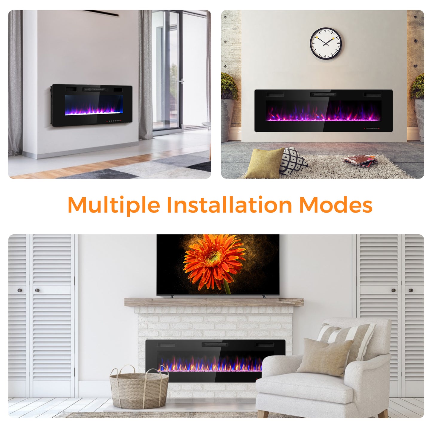 Topbuy 30''/36''/42''/50''/60'' Recessed Electric Fireplace 750W/1500W heater in Wall Remote Control w/Timer Available Flame Color