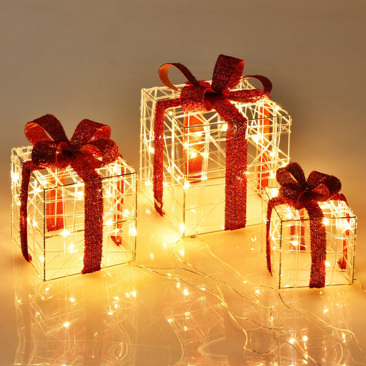 Topbuy 3 PCS Christmas Gift Boxes Indoor Outdoor W/ 60 LED Lights, Waterproof Plug