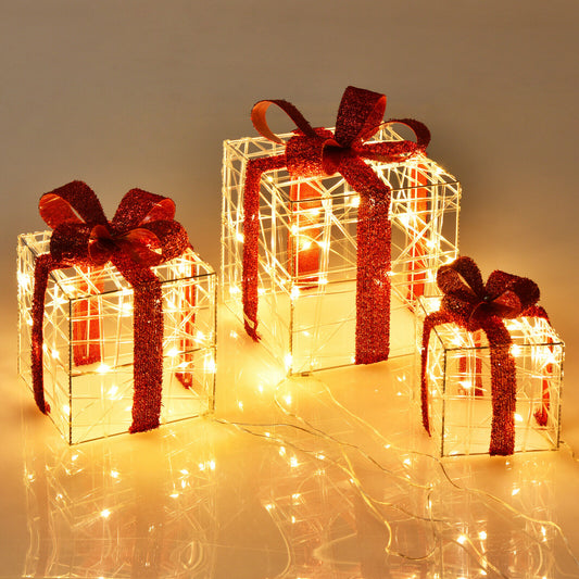 Topbuy 3 PCS Christmas Gift Boxes Indoor Outdoor W/ 60 LED Lights, Waterproof Plug