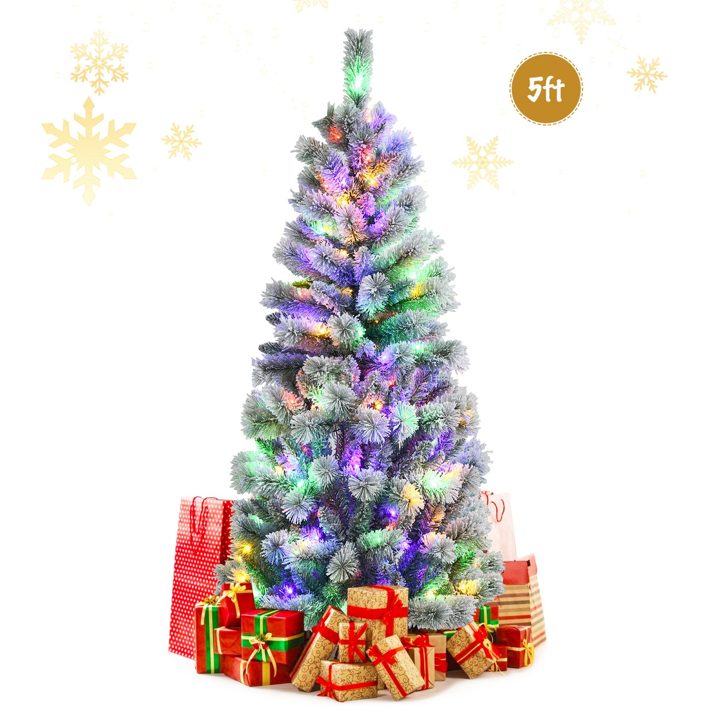 Topbuy 5FT/6FT/7.5FT/8FT Pre-lit Snow Flocked Christmas Pine Tree Hinged Artificial Xmas Tree W/ 140/200/300/350 Remote-controlled Multi-Color LED Lights