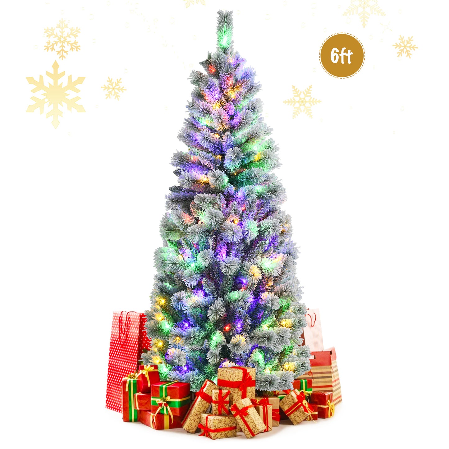 Topbuy 5FT/6FT/7.5FT/8FT Pre-lit Snow Flocked Christmas Pine Tree Hinged Artificial Xmas Tree W/ 140/200/300/350 Remote-controlled Multi-Color LED Lights