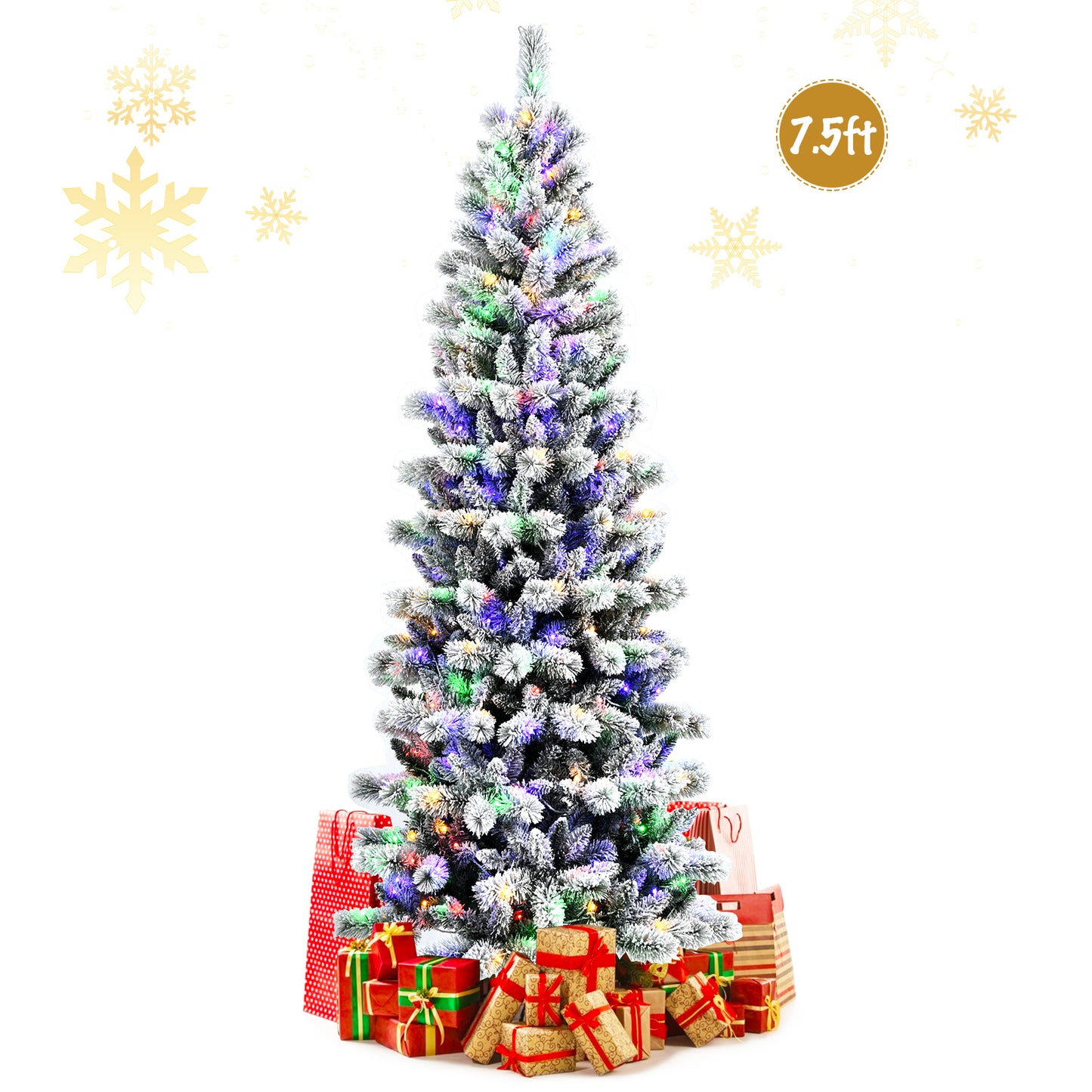 Topbuy 5FT/6FT/7.5FT/8FT Pre-lit Snow Flocked Christmas Pine Tree Hinged Artificial Xmas Tree W/ 140/200/300/350 Remote-controlled Multi-Color LED Lights