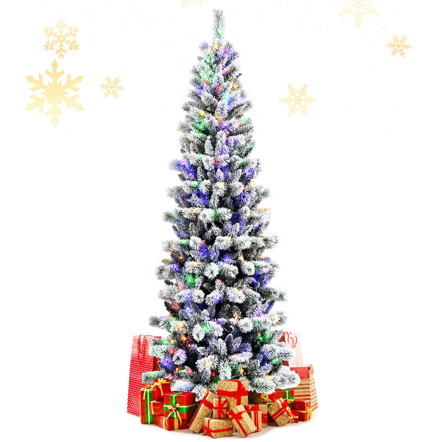 Topbuy 5FT/6FT/7.5FT/8FT Pre-lit Snow Flocked Christmas Pine Tree Hinged Artificial Xmas Tree W/ 140/200/300/350 Remote-controlled Multi-Color LED Lights