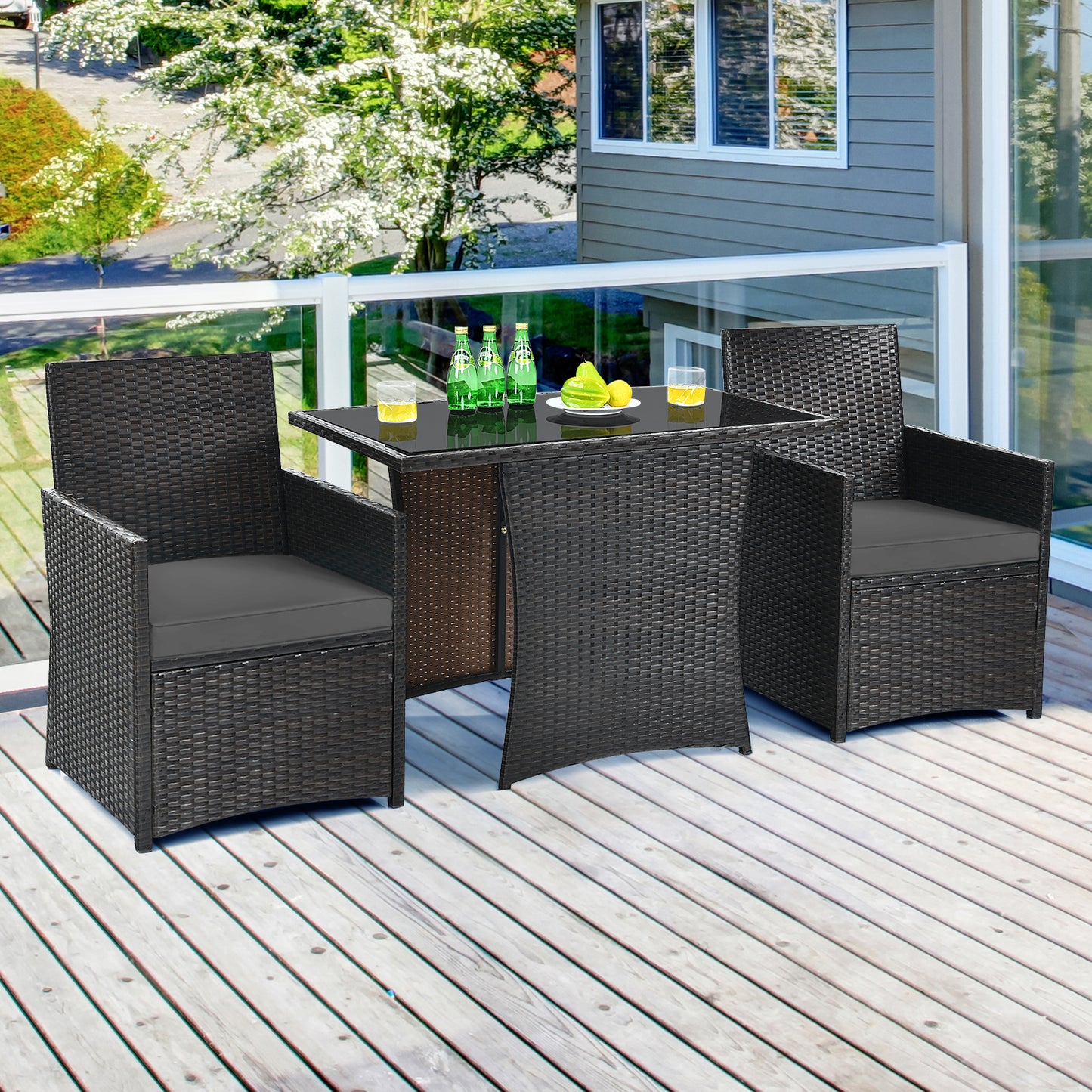 Patiojoy 3PCS Patio Rattan Dining Set Space-Saving Furniture Set with Tempered Glass Top Table and Cushioned Chairs White/Gray/Navy/Turquoise