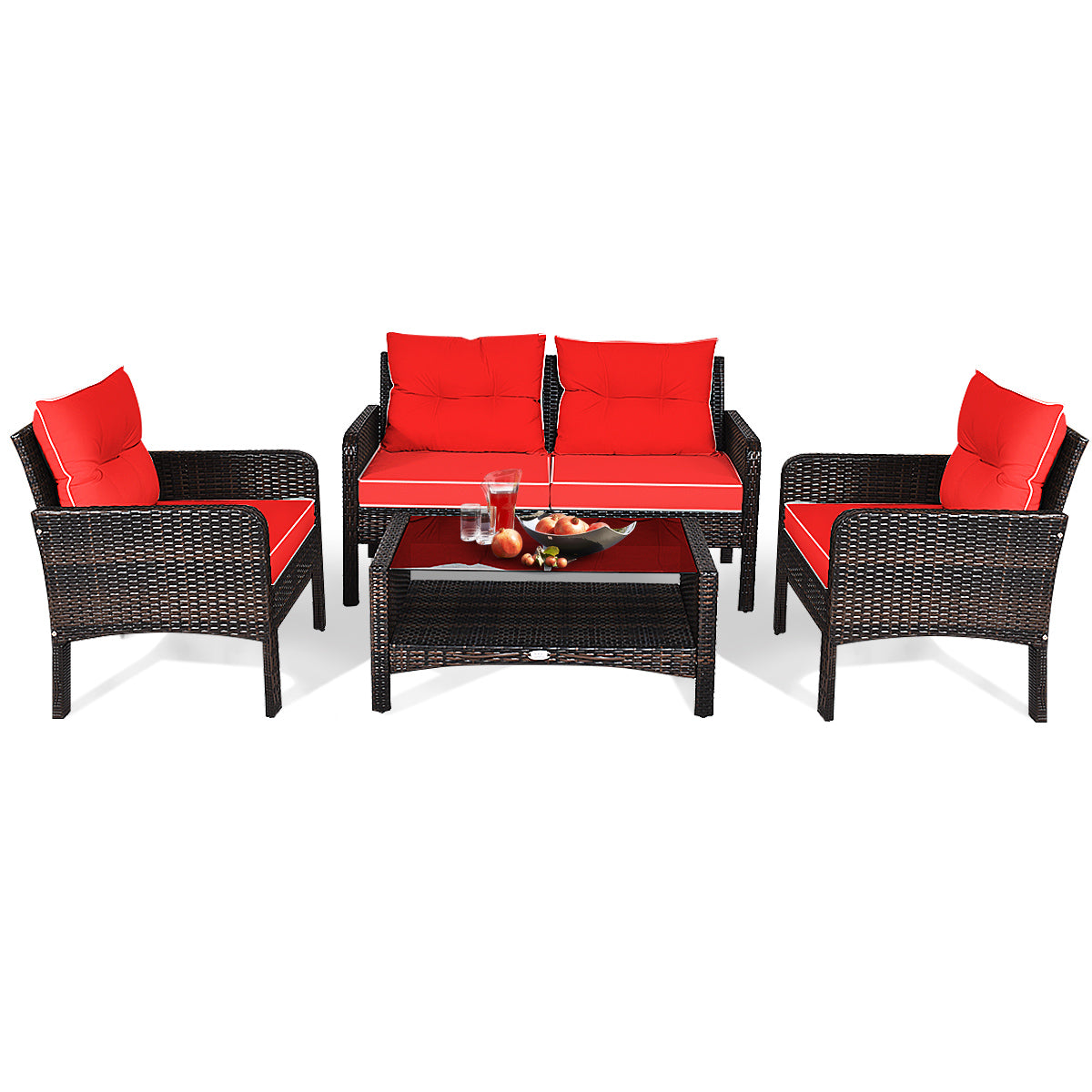 Patiojoy 4 Piece Patio Conversation Set Rattan Wicker Loveseat Sofa Coffee Table & Glass Top Red/Turquoise Cushions