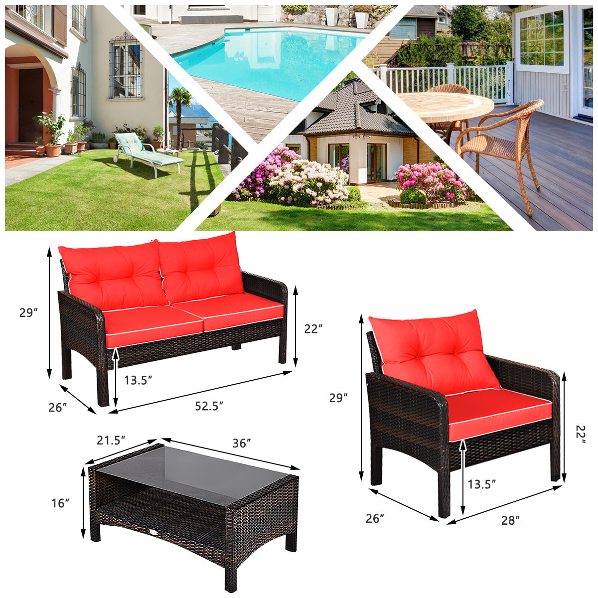 Patiojoy 4 Piece Patio Conversation Set Rattan Wicker Loveseat Sofa Coffee Table & Glass Top Red/Turquoise Cushions