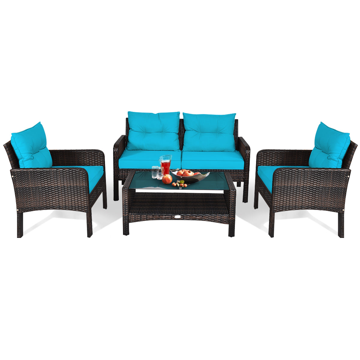 Patiojoy 4 Piece Patio Conversation Set Rattan Wicker Loveseat Sofa Coffee Table & Glass Top Red/Turquoise Cushions