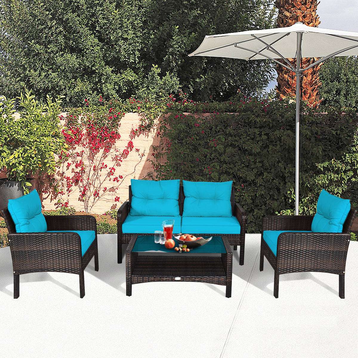 Patiojoy 4 Piece Patio Conversation Set Rattan Wicker Loveseat Sofa Coffee Table & Glass Top Red/Turquoise Cushions