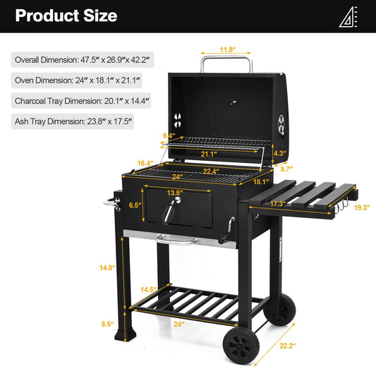 Topbuy Portable Charcoal Grill Outdoor BBQ Offset Smoker w/Wheels & Side Table Cooking Grill for Picnic Camping & Party