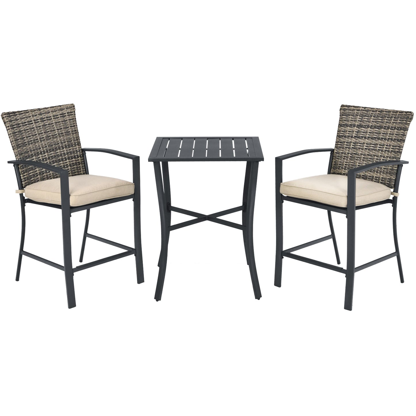 Patiojoy 3-Piece Patio Rattan Furniture Set Outdoor Bistro Set Cushioned Chairs & Table Set Grey/Brown