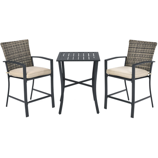 Patiojoy 3-Piece Patio Rattan Furniture Set Outdoor Bistro Set Cushioned Chairs & Table Set Grey/Brown