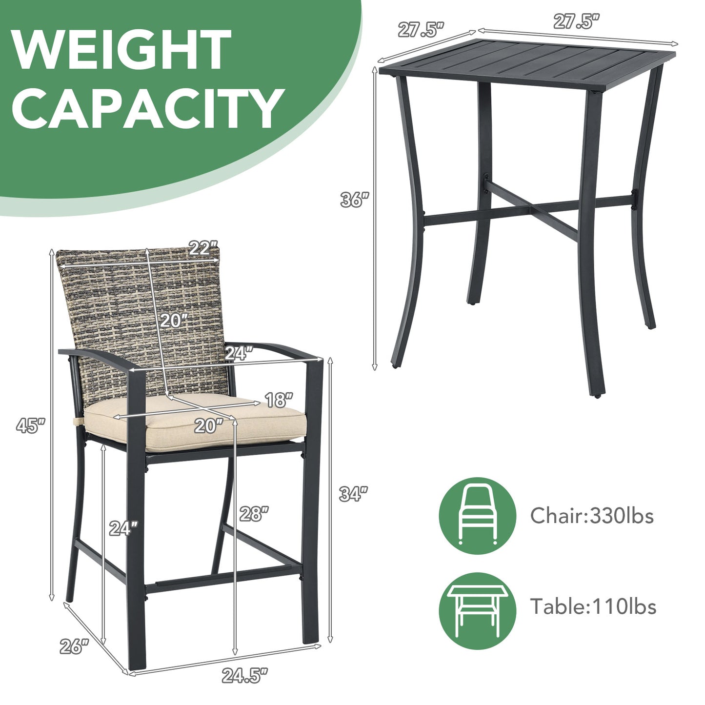 Patiojoy 3-Piece Patio Rattan Furniture Set Outdoor Bistro Set Cushioned Chairs & Table Set Grey/Brown