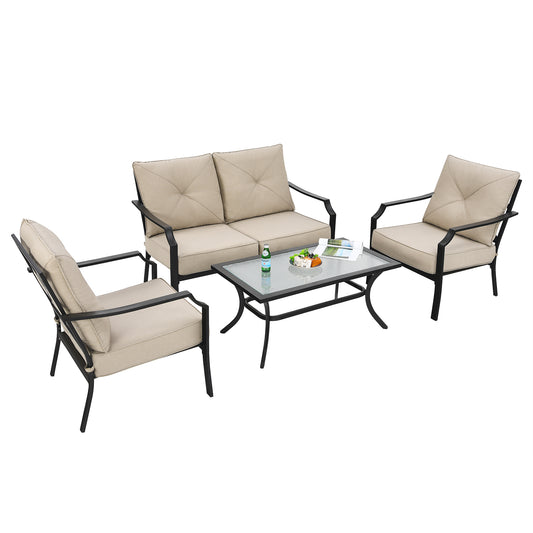 Patiojoy 4 PCS Patio Furniture Set Outdoor Sectional Conversation Set w/Coffee Table & Cushions