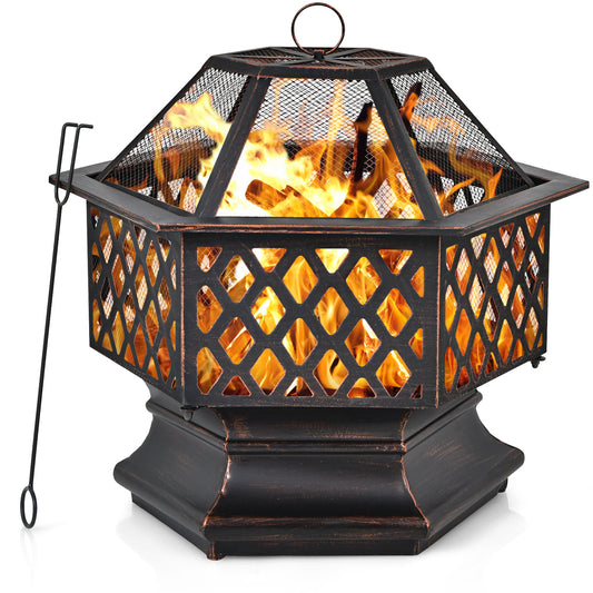 Patiojoy 26'' Outdoor Fire Pit Portable Hex-shaped Burning Bowel w/Cover & Poker