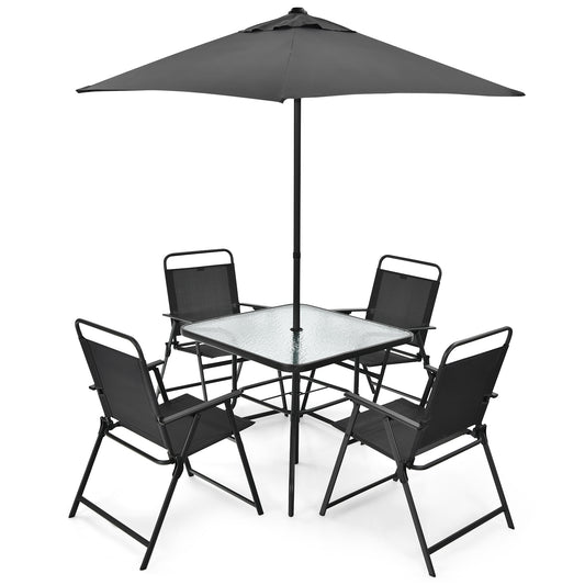 Patiojoy 6-Piece Patio Garden Table Set Outdoor Folding Chairs & Glass Table Set w/ Umbrella Grey