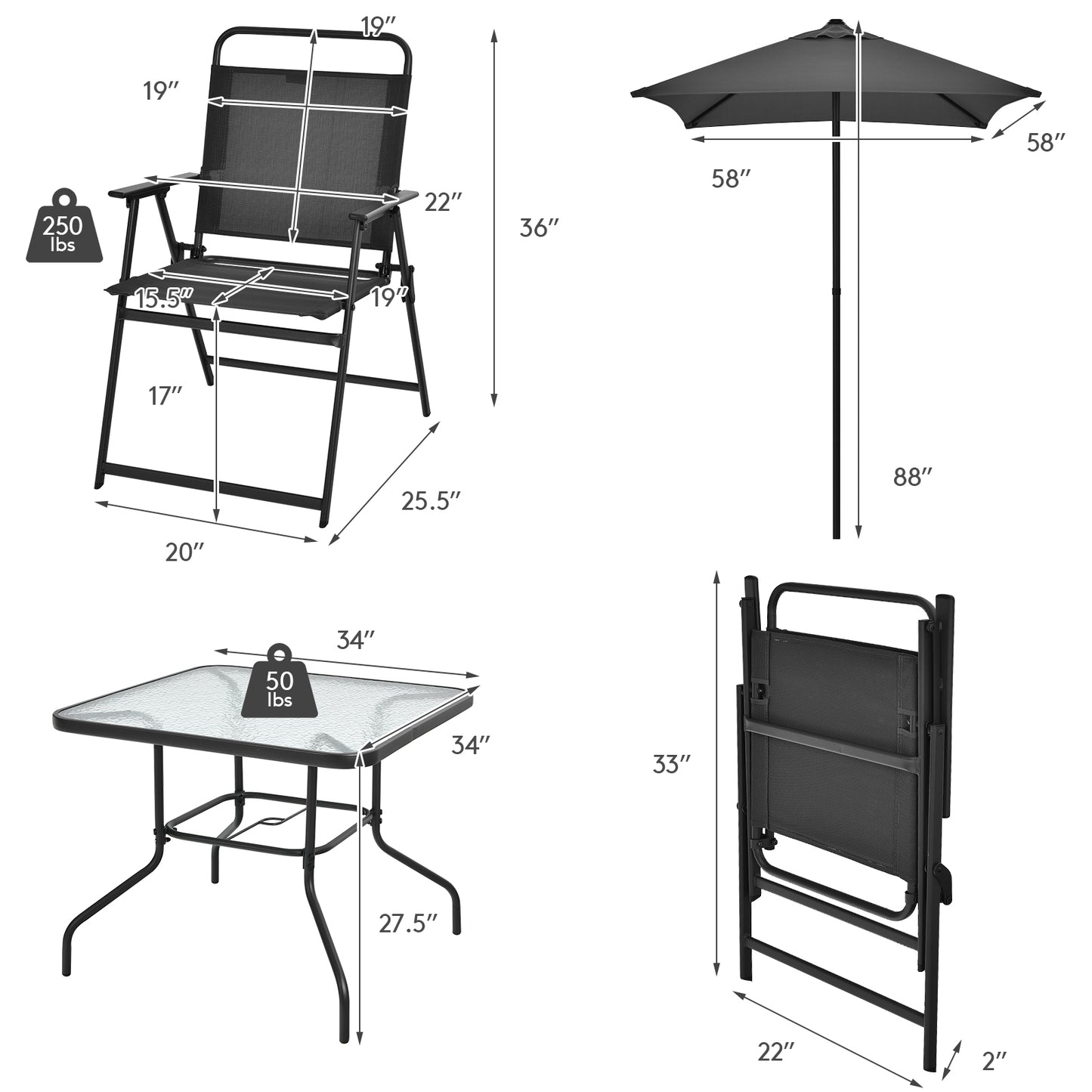 Patiojoy 6-Piece Patio Garden Table Set Outdoor Folding Chairs & Glass Table Set w/ Umbrella Grey