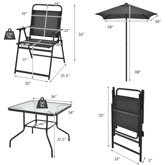 Patiojoy 6-Piece Patio Garden Table Set Outdoor Folding Chairs & Glass Table Set w/ Umbrella Grey