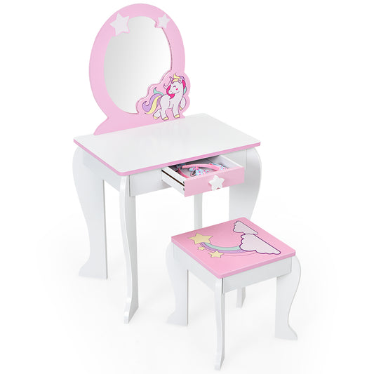 Topbuy 2-in-1 Kids Vanity Set Makeup Table & Chair Set for Toddlers w/Detachable Mirror Pink/White