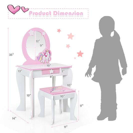 Topbuy 2-in-1 Kids Vanity Set Makeup Table & Chair Set for Toddlers w/Detachable Mirror Pink/White