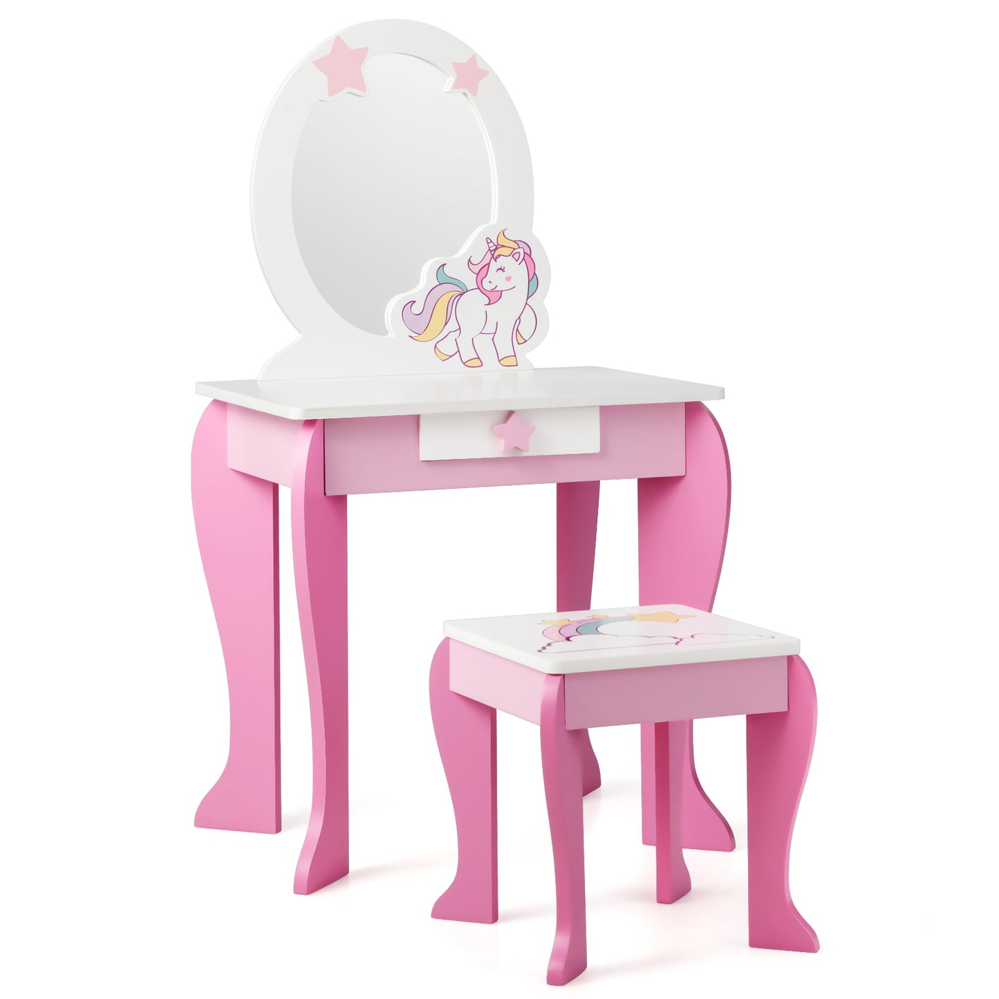 Topbuy 2-in-1 Kids Vanity Set Makeup Table & Chair Set for Toddlers w/Detachable Mirror Pink/White