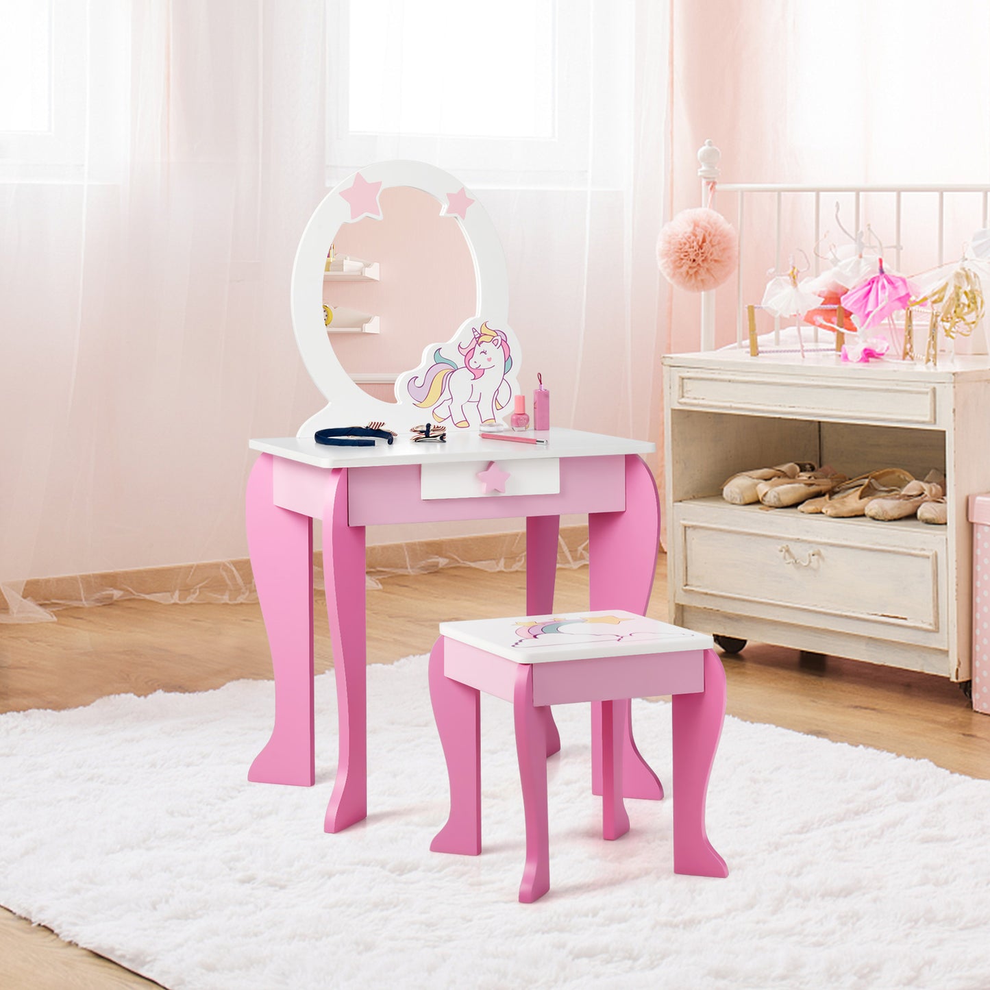 Topbuy 2-in-1 Kids Vanity Set Makeup Table & Chair Set for Toddlers w/Detachable Mirror Pink/White