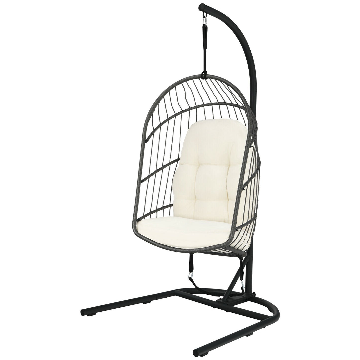 Patiojoy Modern Rattan Hanging Egg Swing Chair w/Stand Foldable Cushioned Hammock Gray/Beige