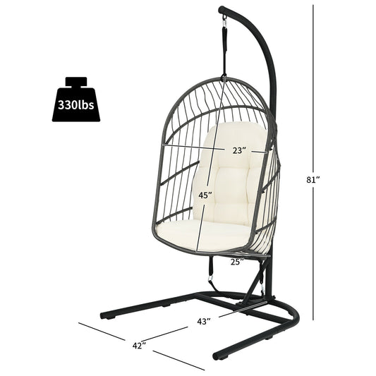 Patiojoy Modern Rattan Hanging Egg Swing Chair w/Stand Foldable Cushioned Hammock Gray/Beige