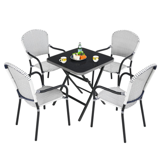 Patiojoy 5PCS Rattan Patio Dining Set All Weather Square Folding Table & 4 Stackable Chairs Set w/Tempered Glass Tabletop