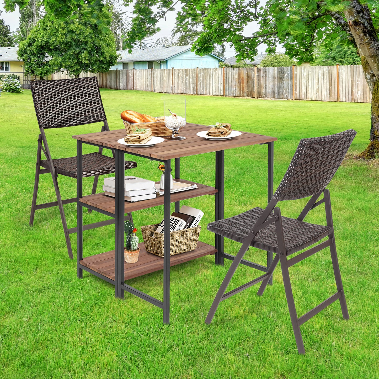 Patiojoy 3 PCS Patio Folding Bistro Set Outdoor Wicker Furniture Set w/Acacia Table & 2 Chairs