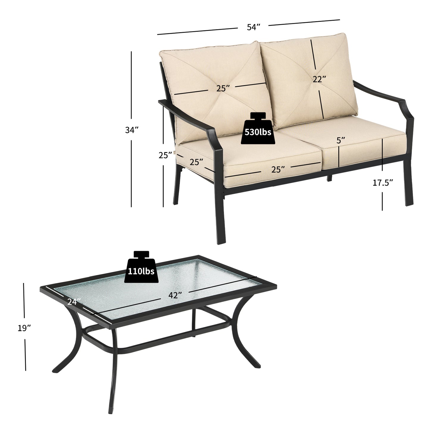 Patiojoy 2PCS Patio Loveseat & Coffee Table Set Outdoor Cushioned Sofa for Garden Backyard