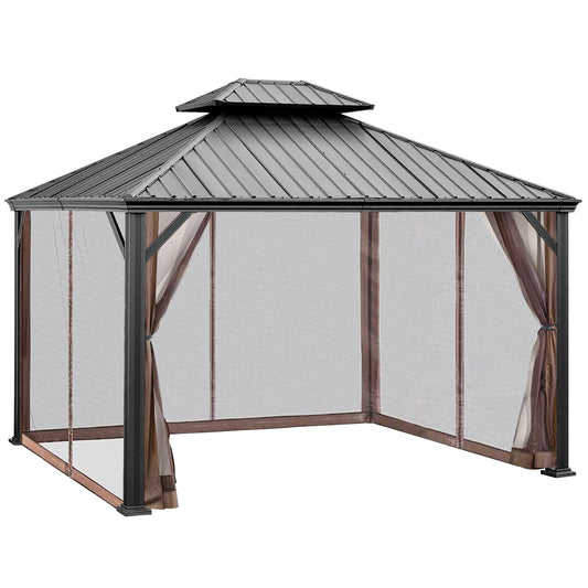 Patiojoy 12ft x 10ft Patio Hardtop Gazebo Double Vented Roof Outdoor Galvanized Steel Sun Shelter Brown/Gray