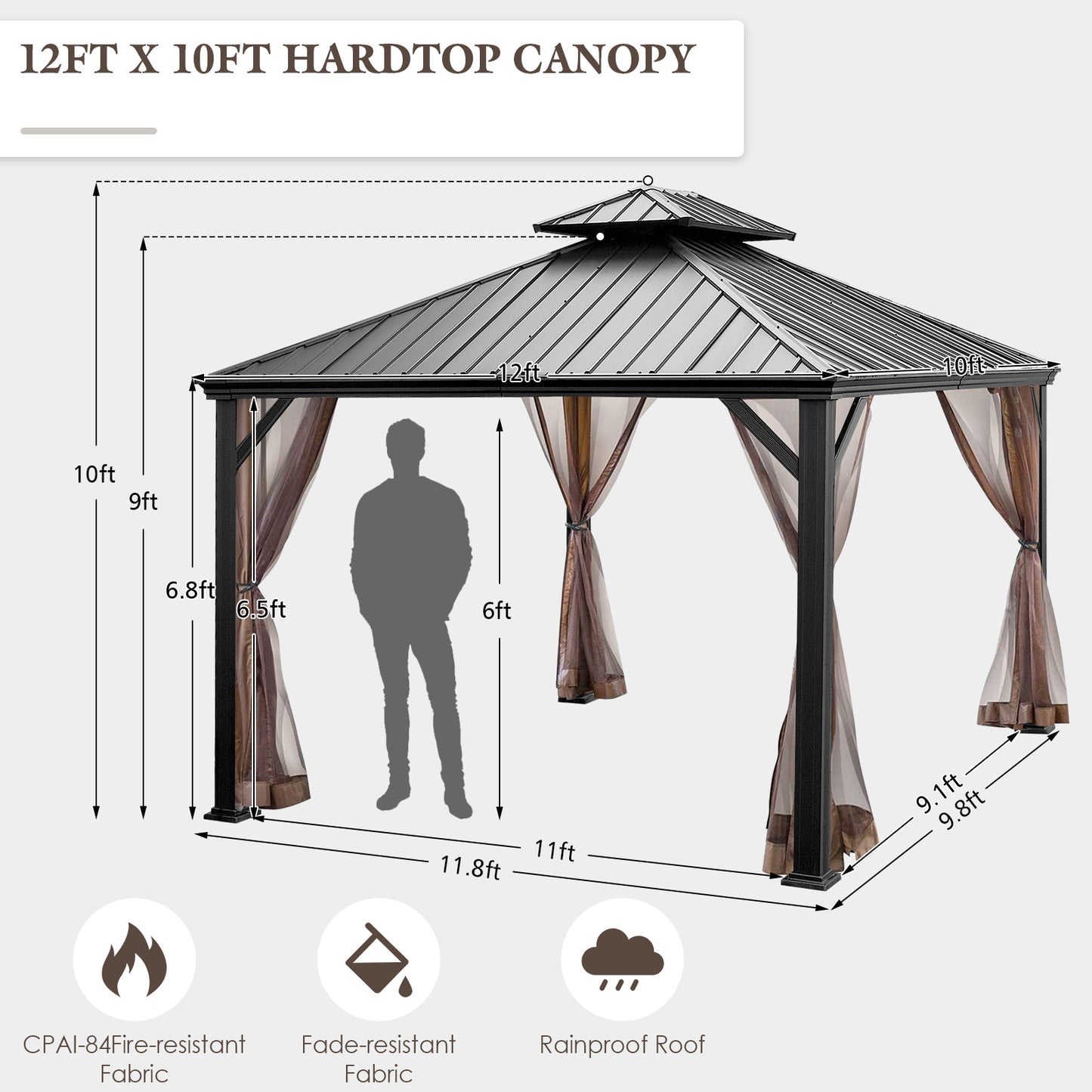 Patiojoy 12ft x 10ft Patio Hardtop Gazebo Double Vented Roof Outdoor Galvanized Steel Sun Shelter Brown/Gray