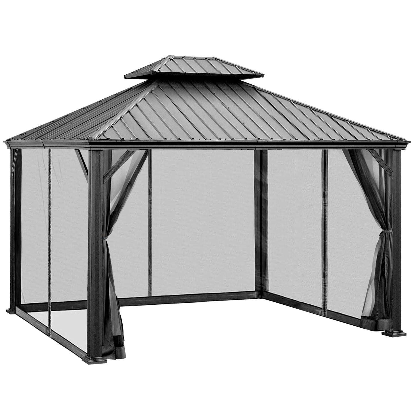 Patiojoy 12ft x 10ft Patio Hardtop Gazebo Double Vented Roof Outdoor Galvanized Steel Sun Shelter Brown/Gray