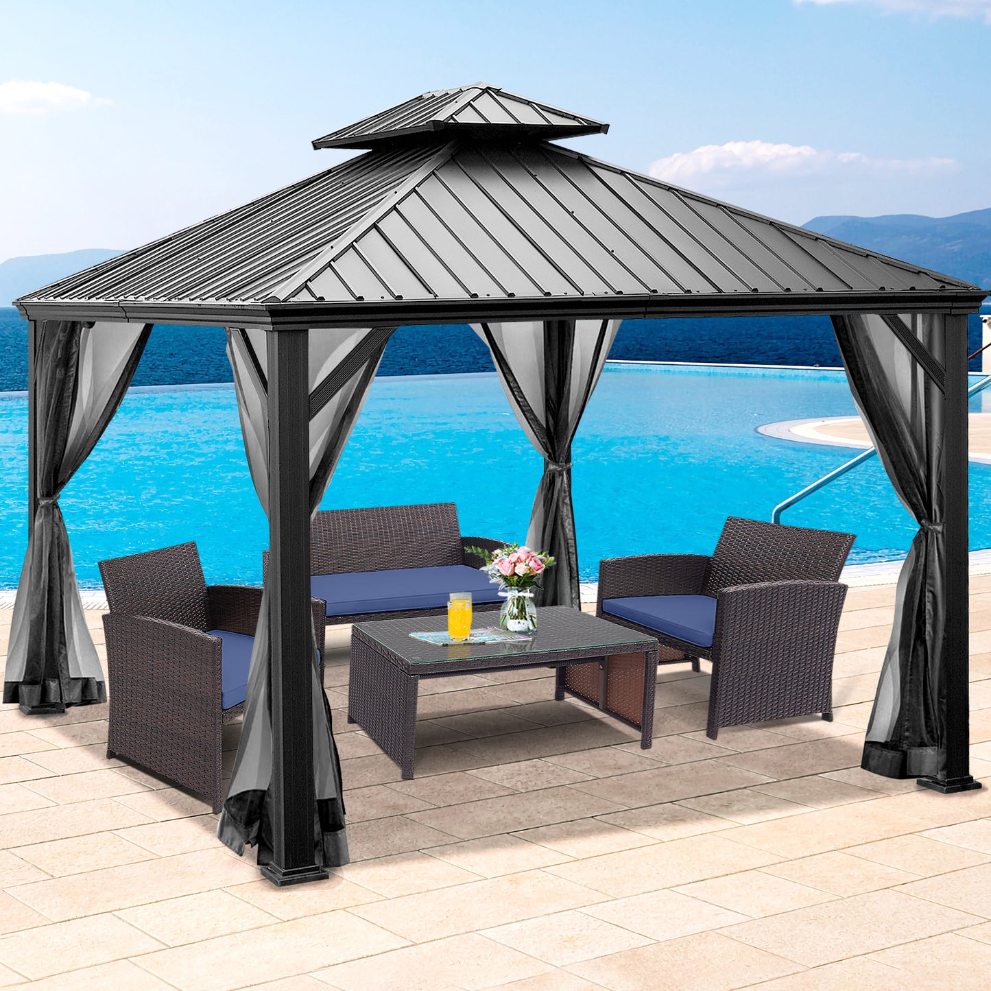 Patiojoy 12ft x 10ft Patio Hardtop Gazebo Double Vented Roof Outdoor Galvanized Steel Sun Shelter Brown/Gray