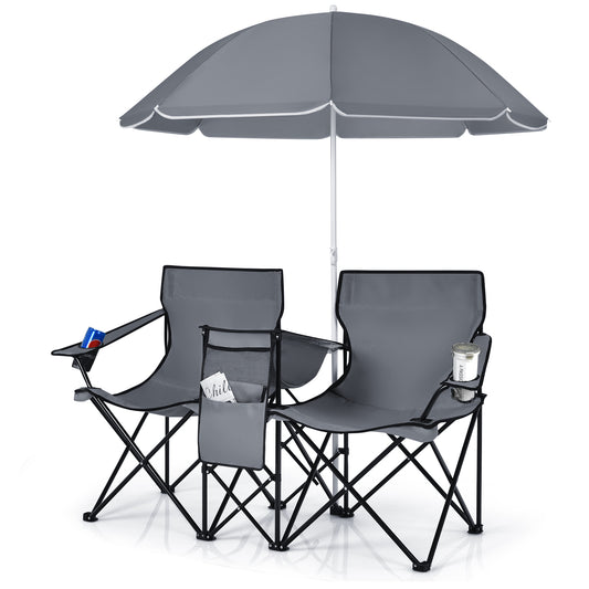 Topbuy Portable Double Camping Chair, Folding Picnic Loveseat W/ Removable Adjustable Umbrella, Carrying Bag, Cooler Bag