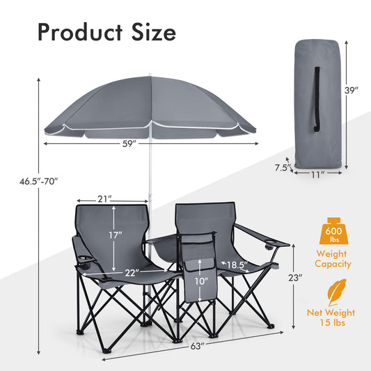 Topbuy Portable Double Camping Chair, Folding Picnic Loveseat W/ Removable Adjustable Umbrella, Carrying Bag, Cooler Bag