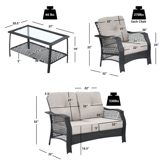 Patiojoy 4PCS Patio Rattan Furniture Set Outdoor Conversation Set w/Tempered Glass Coffee Table Beige