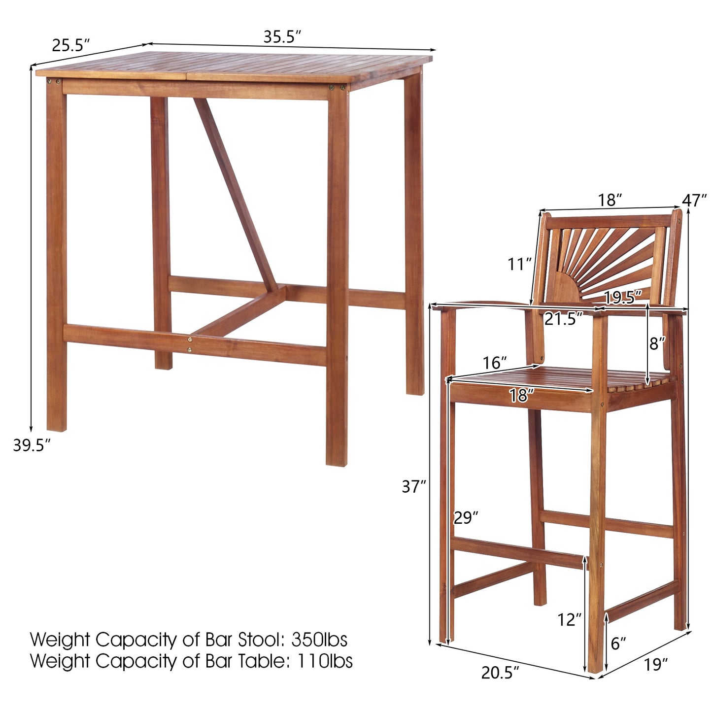 Patiojoy 3-Piece Dining Table Set Acacia Wooden Table & Chair Set for Outdoor & Indoor Natural