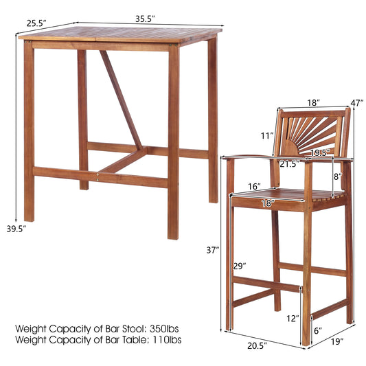 Patiojoy 3-Piece Dining Table Set Acacia Wooden Table & Chair Set for Outdoor & Indoor Natural