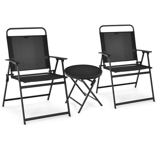 Patiojoy 3 PCS Patio Bistro Set Outdoor Folding Table & Chairs Set w/Tempered Glass Top Black