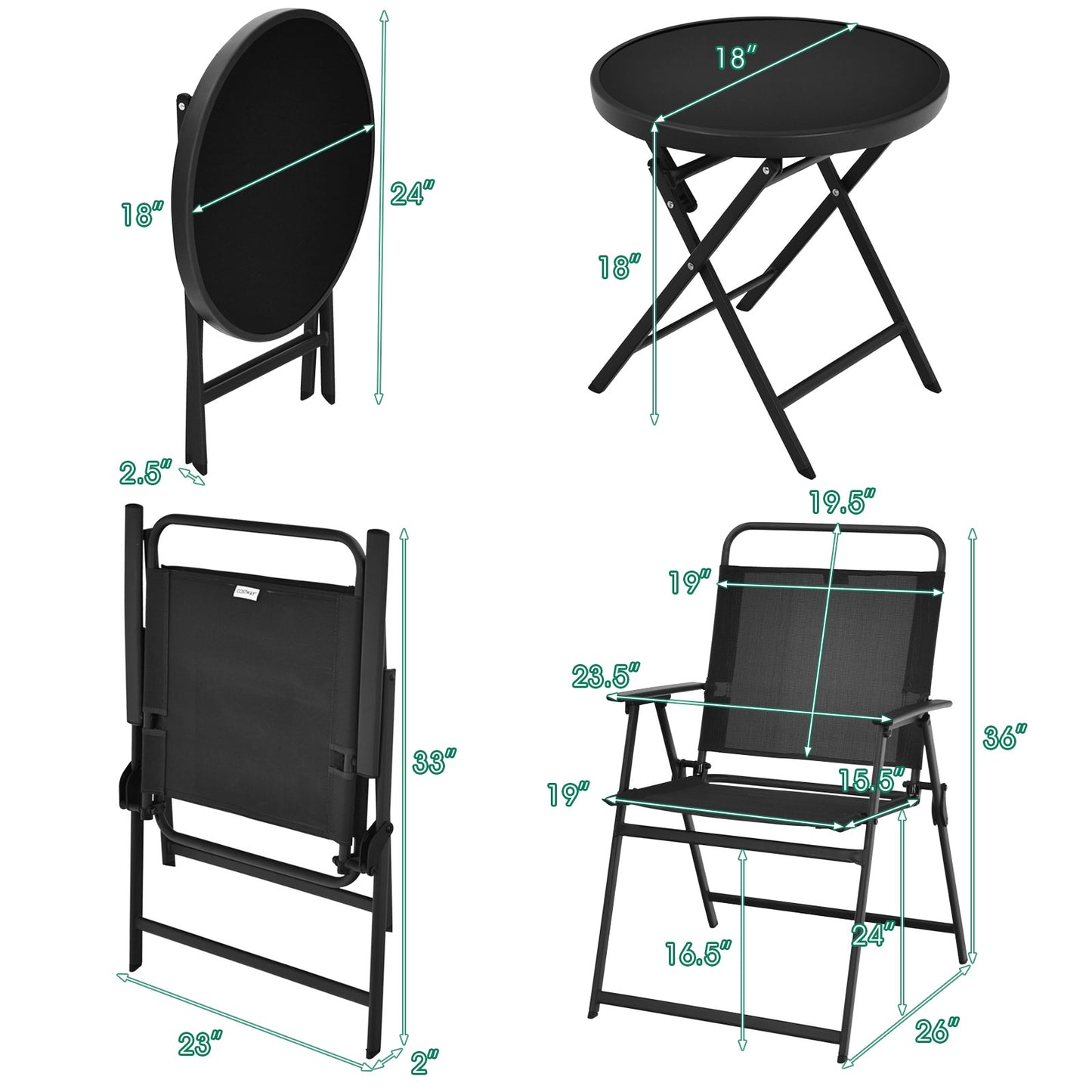 Patiojoy 3 PCS Patio Bistro Set Outdoor Folding Table & Chairs Set w/Tempered Glass Top Black