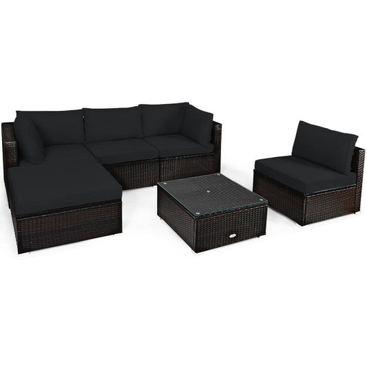 Patiojoy 6PCS Patio Rattan Furniture Set Outdoor Sectional Sofa Set w/Coffee Table & Ottoman Black/Navy/Turquoise/Red/Brown