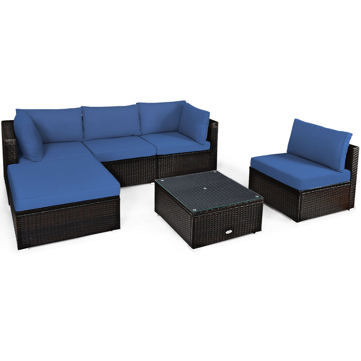 Patiojoy 6PCS Patio Rattan Furniture Set Outdoor Sectional Sofa Set w/Coffee Table & Ottoman Black/Navy/Turquoise/Red/Brown