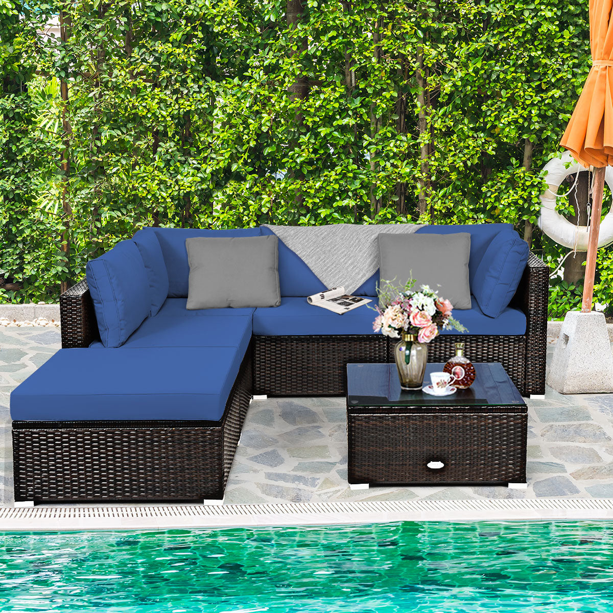 Patiojoy 6PCS Patio Rattan Furniture Set Outdoor Sectional Sofa Set w/Coffee Table & Ottoman Black/Navy/Turquoise/Red/Brown