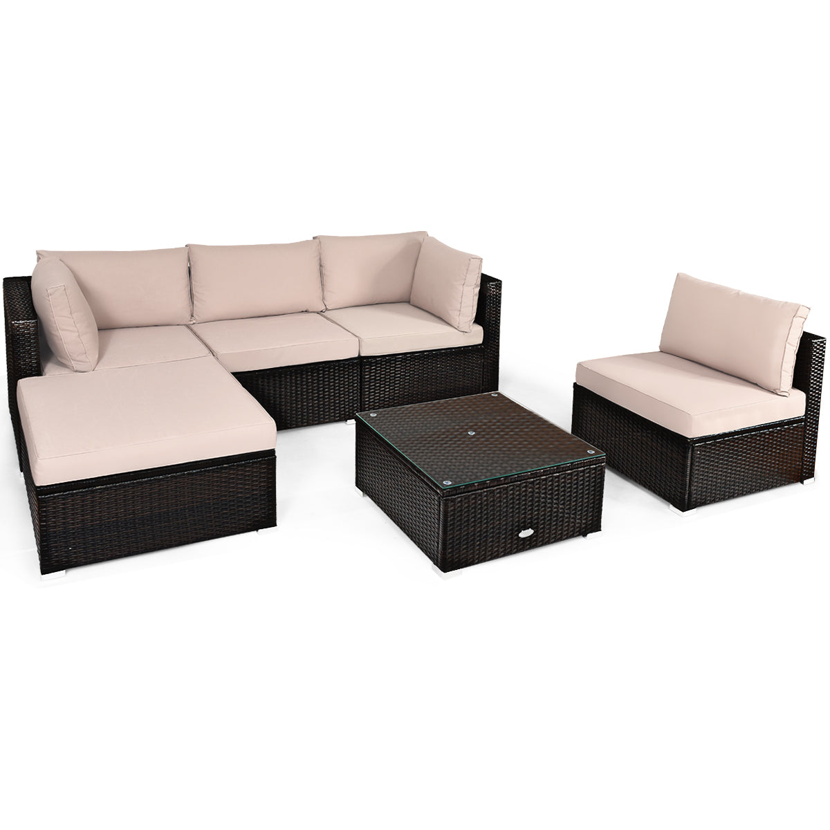 Patiojoy 6PCS Patio Rattan Furniture Set Outdoor Sectional Sofa Set w/Coffee Table & Ottoman Black/Navy/Turquoise/Red/Brown